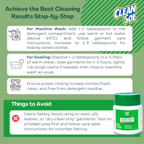 Cleansol Oxygen Bleach Powder 1Kg | Fabric Whitener, Color-Safe Brightener & Stain Remover | Chlorine-Free Laundry Booster for White & Colored Clothes - Image 3