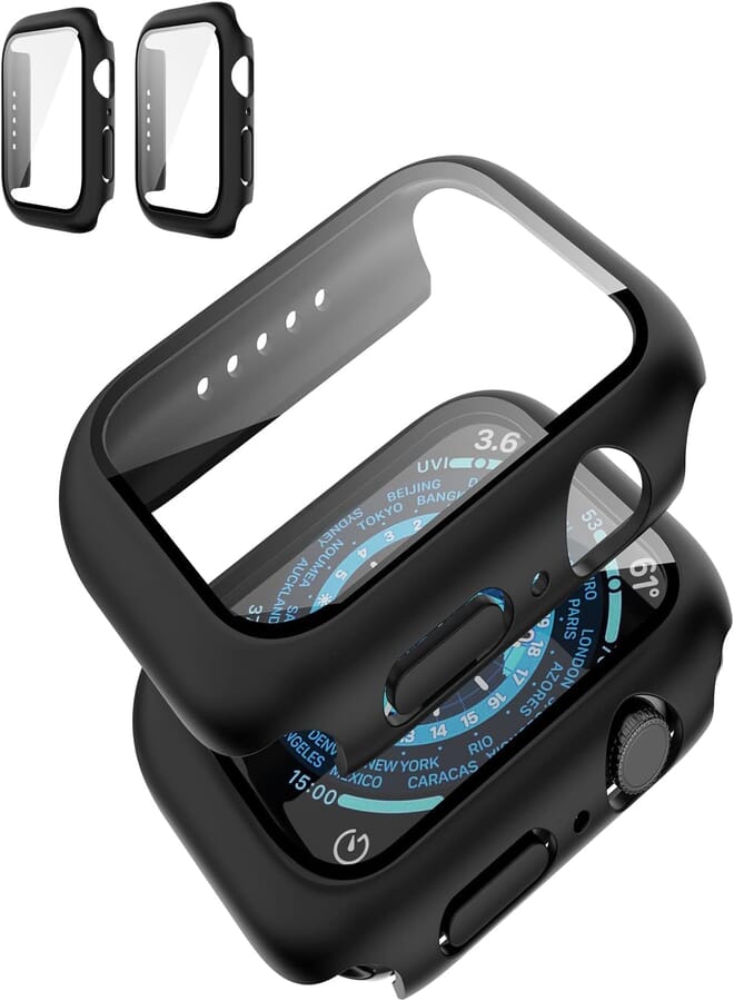Next Next Store Case with Tempered Glass Screen Protector Compatible with iWatch Series 8/7 45mm, Hard PC Bumper Slim Protective Cover for iWatch Series 8/7 45mm, Black