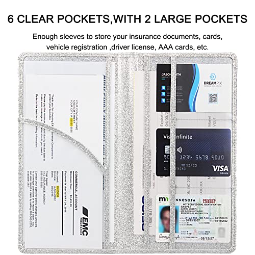 Bodskad Car Registration and Insurance Holder, Premium Leather Insurance and Registration Holder,vehicle Glove Box Car Organizer, with Magnetic Shut for Cards, Driver License (Glitter Silver) - Image 4