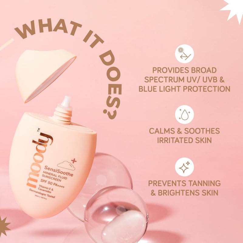 Moody SensiSoothe Mineral Brightening Sunscreen Serum With Ceramides  Rice  SPF 50 PA for All Skin Types  No White Cast NonComedogenic Dermatologist Tested  50ML - Image 2