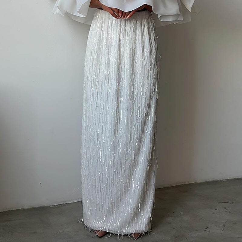 HY077 Fashion Ruffled Shoulder Tube Top Tassel Sequin Skirt suit Cross-border European and American Long Skirt White Long Dress