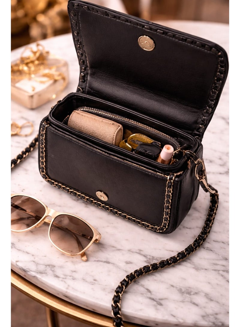 Sunstar Elegant Chain Detail Crossbody Bag – Premium Black Mini Shoulder Handbag - Image 1