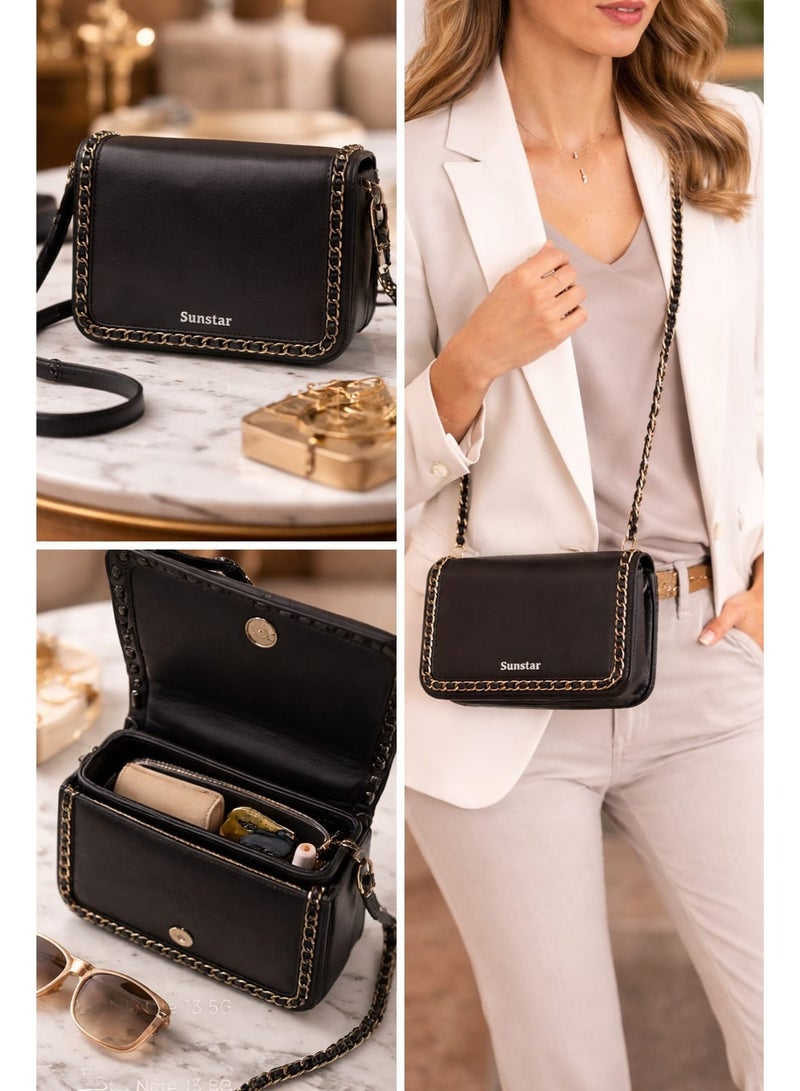 Sunstar Elegant Chain Detail Crossbody Bag – Premium Black Mini Shoulder Handbag - Image 3