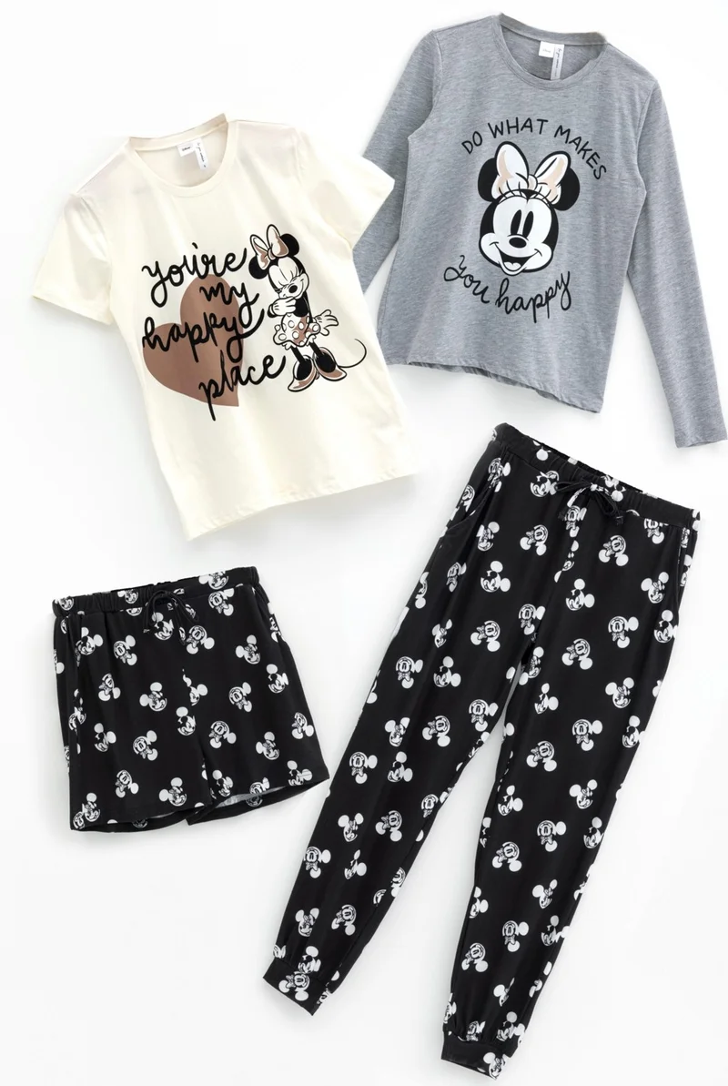 For You Sleepwear 4-Piece Minnie Mouse Black-Grey Pajama Set