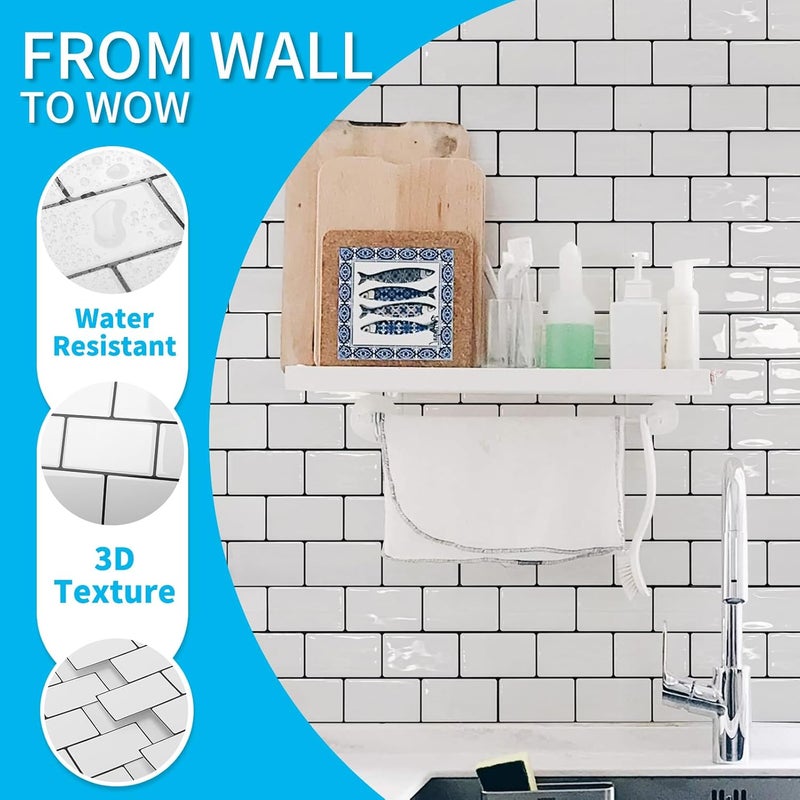 Art3d 10-Sheet Peel and Stick Backsplash Tile, Vinyl Stick on Wall Tile for Kitchen Bathroom Laundry Room, Subway Design 12" x 12" - White with Black Grout - Image 5