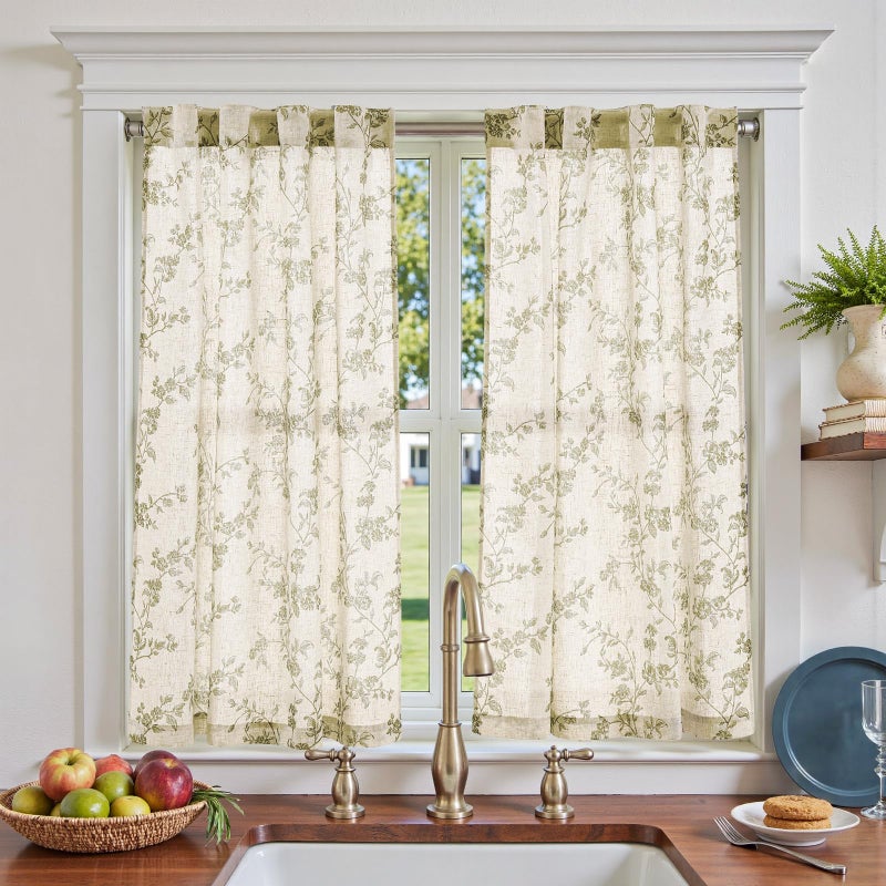 jinchan Floral Kitchen Curtains 45 Inch Linen Tier Curtains Farmhouse Cafe Half Window Drapes for Small Windows Light Filtering Sage Green on Beige for Living Room Bathroom Back Tab 2 Panels - Image 1