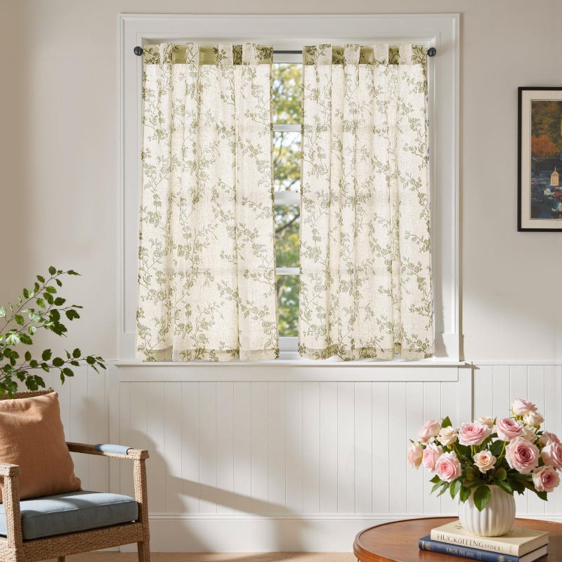 jinchan Floral Kitchen Curtains 45 Inch Linen Tier Curtains Farmhouse Cafe Half Window Drapes for Small Windows Light Filtering Sage Green on Beige for Living Room Bathroom Back Tab 2 Panels - Image 4