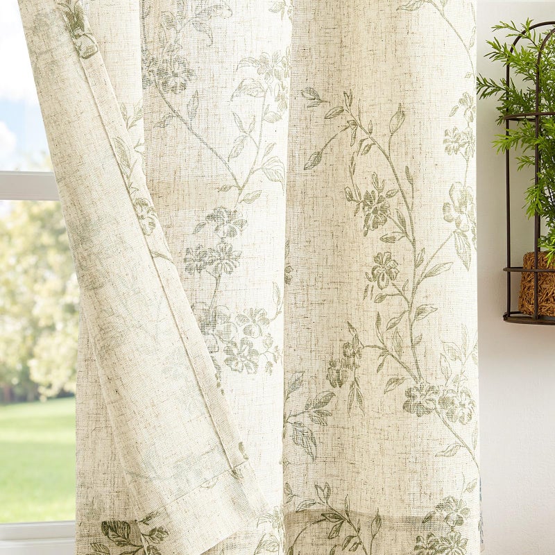 jinchan Floral Kitchen Curtains 45 Inch Linen Tier Curtains Farmhouse Cafe Half Window Drapes for Small Windows Light Filtering Sage Green on Beige for Living Room Bathroom Back Tab 2 Panels - Image 3