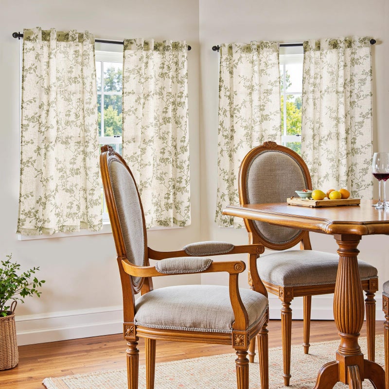 jinchan Floral Kitchen Curtains 45 Inch Linen Tier Curtains Farmhouse Cafe Half Window Drapes for Small Windows Light Filtering Sage Green on Beige for Living Room Bathroom Back Tab 2 Panels - Image 2