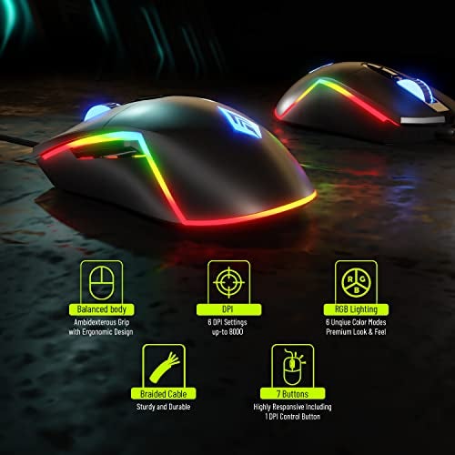 Archer Tech Lab Wired Gaming Mouse, 8000 DPI Adjustable Gaming Sensor, 7 Programmable Buttons, HUYU Switches, 6 Modes RGB Backlit, Ergonomic USB Mouse for PC, Laptop, Windows, Mac (Recurve 500-Black) - Image 2
