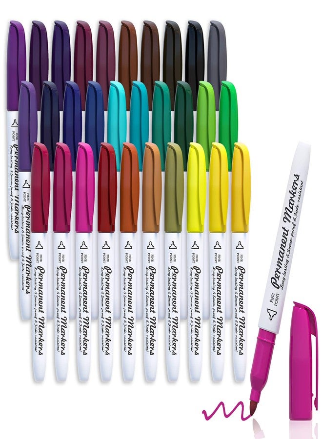Lelix 30 Colors Permanent Markers, Fine Point, Assorted Colors, Works on Plastic,Wood,Stone,Metal and Glass for Kids Adult Coloring Doodling Marking - Image 1