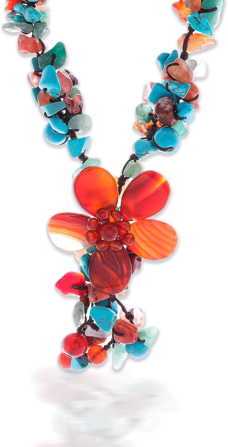 NOVICA Artisan Handmade Agate Carnelian Y Necklace Resin Bead Magnesite Aventurine Orange Turquoise Blue Beaded Thailand Celosia Floral Bohemian Summer Flower - Image 1
