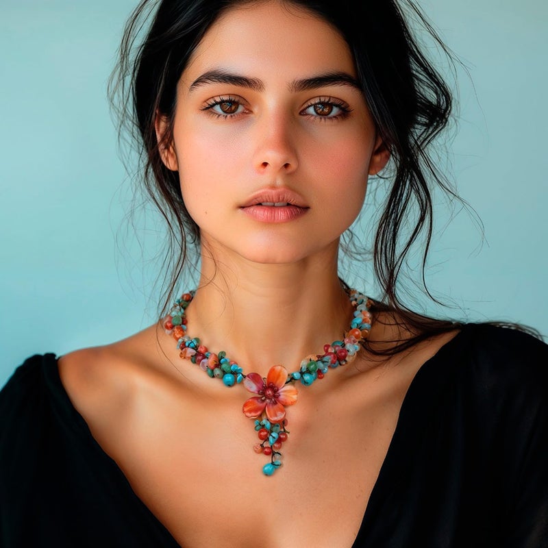 NOVICA Artisan Handmade Agate Carnelian Y Necklace Resin Bead Magnesite Aventurine Orange Turquoise Blue Beaded Thailand Celosia Floral Bohemian Summer Flower - Image 3