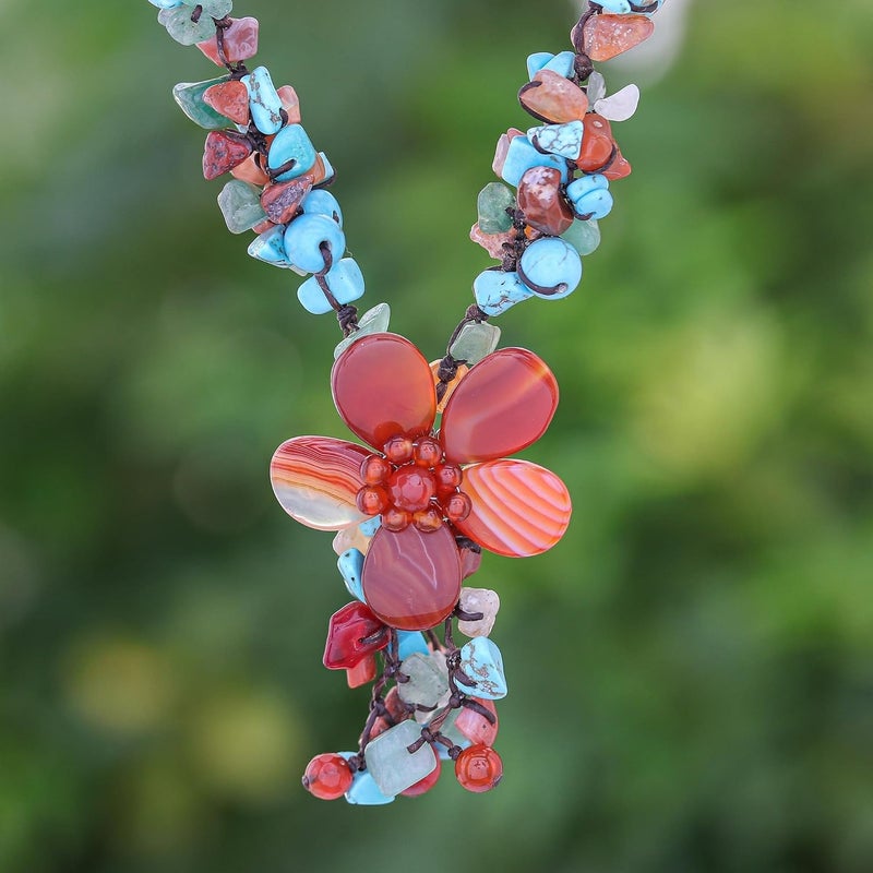 NOVICA Artisan Handmade Agate Carnelian Y Necklace Resin Bead Magnesite Aventurine Orange Turquoise Blue Beaded Thailand Celosia Floral Bohemian Summer Flower - Image 2