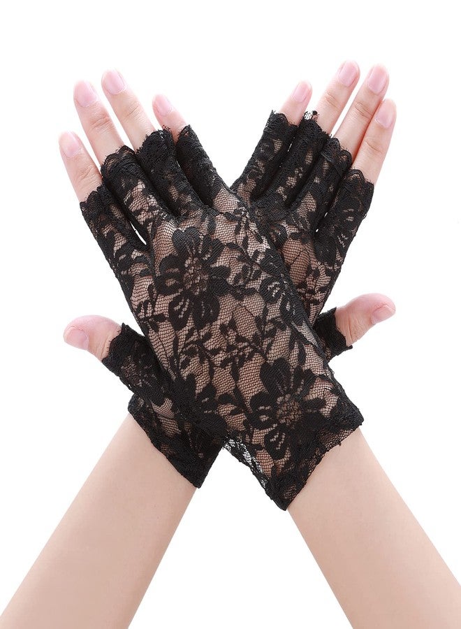 Yolev Women Black Short Lace Fingerless Gloves Floral Tea Party Gloves for Wedding Prom Halloween Party - Image 1