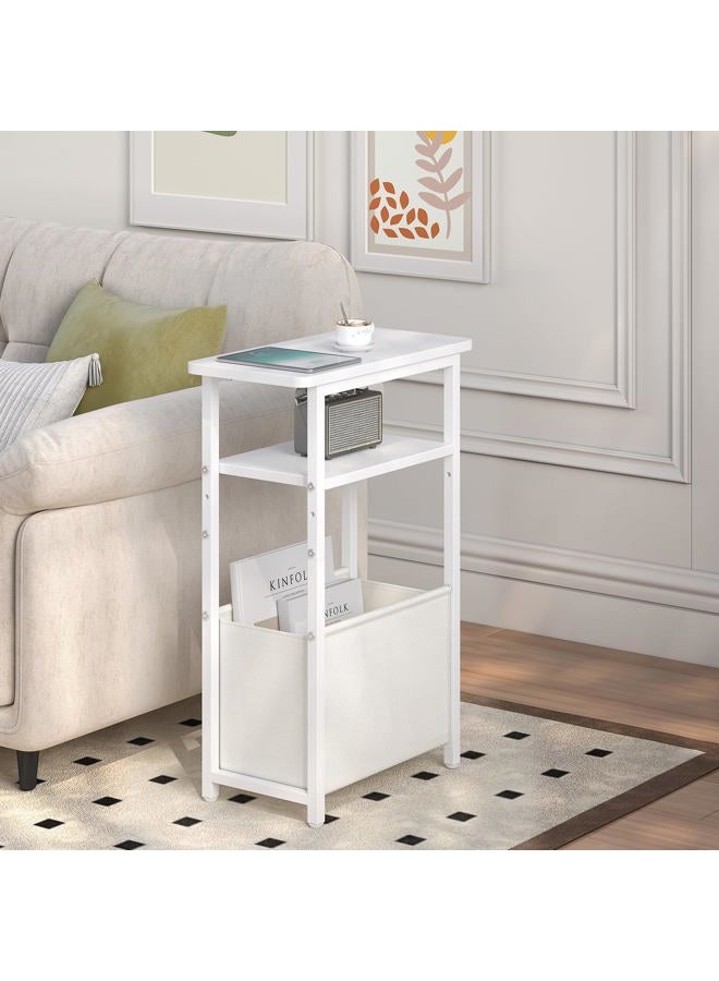 sthmec Narrow Side Table, Skinny End Tables with Fabric Basket, Small Side Tables for Small Space, 2-Tier Open Shelves with Basket, Slim Nightstands for Bedroom,Living Room,Office, White - Image 4