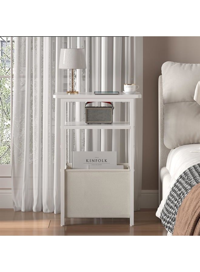 sthmec Narrow Side Table, Skinny End Tables with Fabric Basket, Small Side Tables for Small Space, 2-Tier Open Shelves with Basket, Slim Nightstands for Bedroom,Living Room,Office, White - Image 5