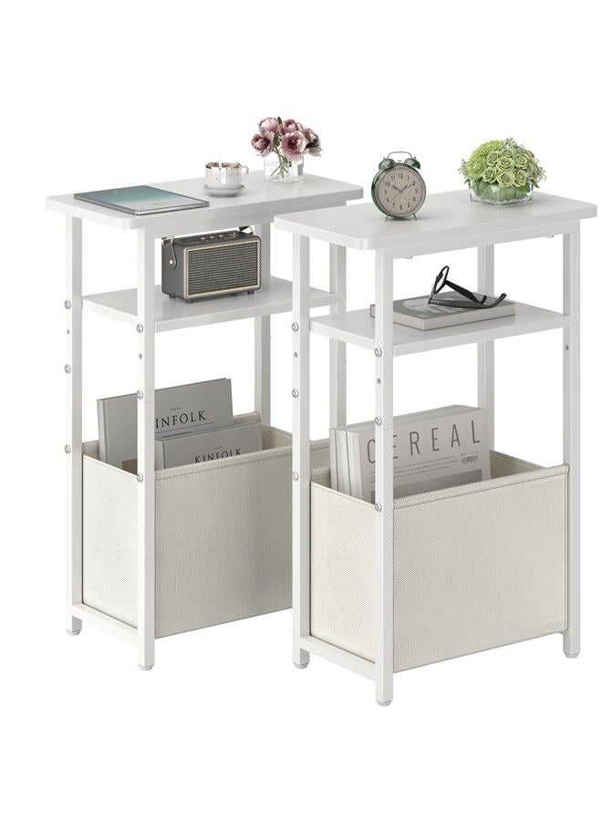 sthmec Narrow Side Table, Skinny End Tables with Fabric Basket, Small Side Tables for Small Space, 2-Tier Open Shelves with Basket, Slim Nightstands for Bedroom,Living Room,Office, White - Image 1