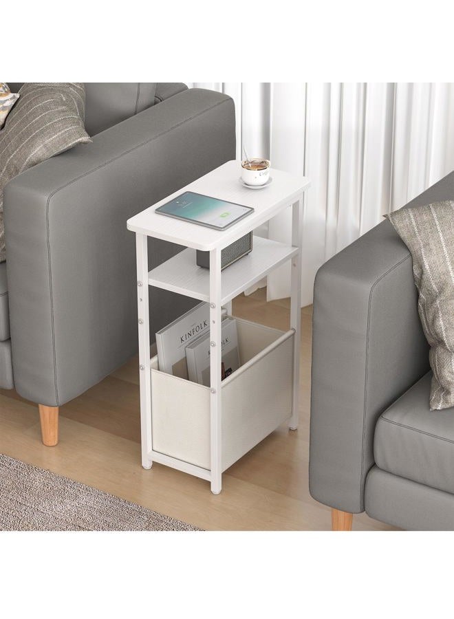 sthmec Narrow Side Table, Skinny End Tables with Fabric Basket, Small Side Tables for Small Space, 2-Tier Open Shelves with Basket, Slim Nightstands for Bedroom,Living Room,Office, White - Image 2
