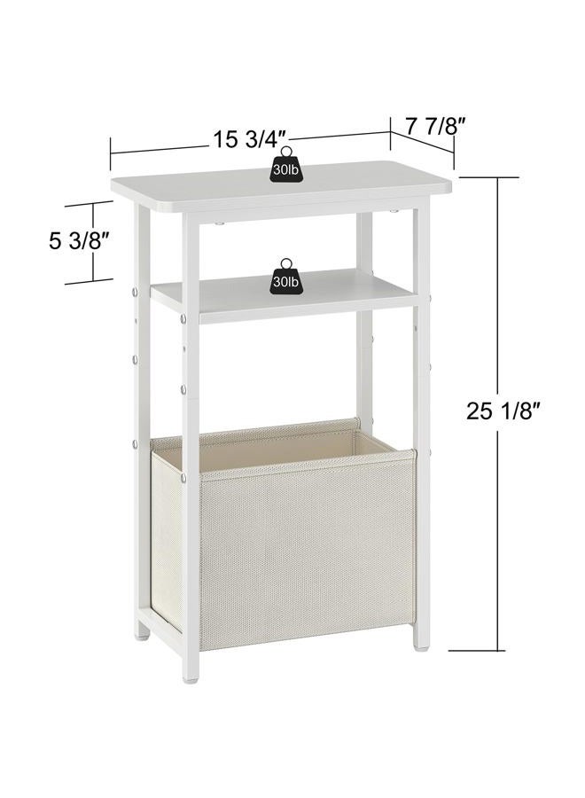 sthmec Narrow Side Table, Skinny End Tables with Fabric Basket, Small Side Tables for Small Space, 2-Tier Open Shelves with Basket, Slim Nightstands for Bedroom,Living Room,Office, White - Image 3