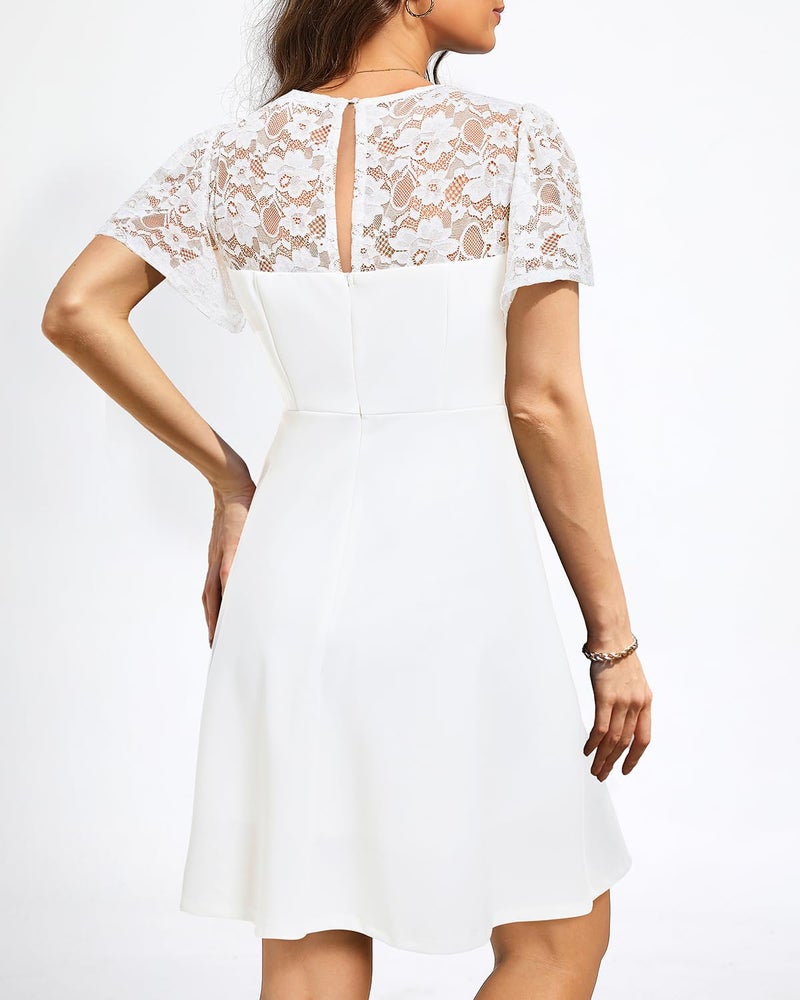 Holipick White Bridal Shower Dress with Short Lace Sleeve Semi Formal Church Graduation A line lace Short Dresses Women XL - Image 4