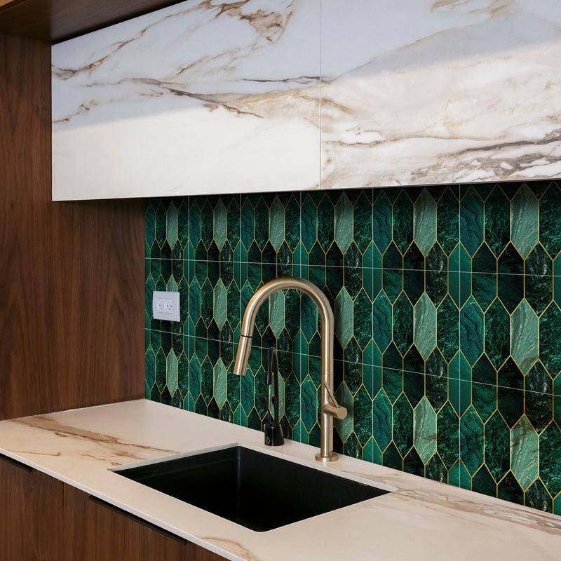 funlife 50Pcs Art Deco Green Peel and Stick Thick Kitchen Backsplash Self Adhesive Wall Tile Flat Glossy Stickers for Home Decor Holographic Emerald Kitchen Tiles 59x 59