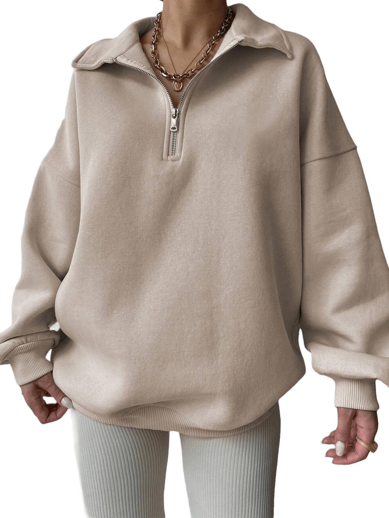 SXV STYLE Half-Zip Pullover Sweatshirt, Oversized Fit (in, Alpha, L, Beige) - Image 1