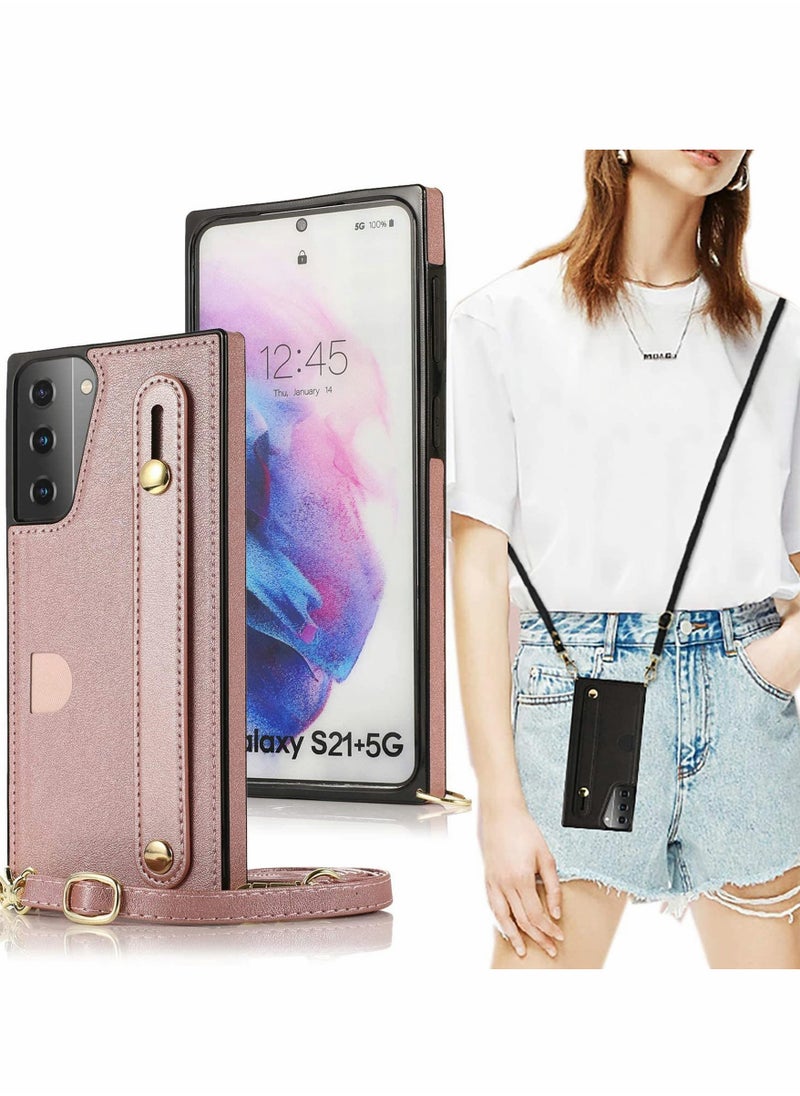 KASTWAVE For Samsung Galaxy S21 Plus Case Cover S21 Wallet Case Removable Adjustable Leather Strap Crossbody Card Holders Case Neck Strap Lanyard Purse Shoulder Strap Purse Case (Rose Gold)  - Image 1