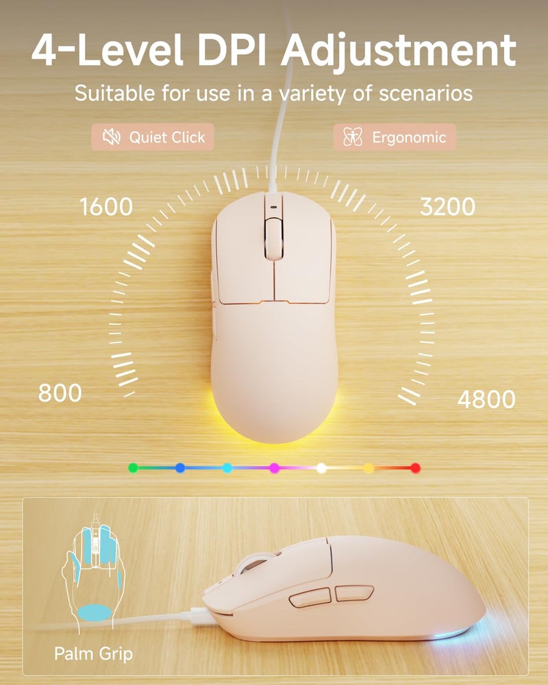 EWEADN C98 Wired Keyboard and Mouse Combo, Wired Computer Keyboards with Wrist Palm, Double-Shot Keycaps, Silent RGB Backlight Keyboard for Windows/MAC/PC (Creamy Pink) - Image 5
