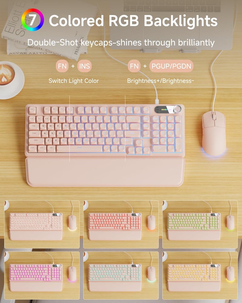 EWEADN C98 Wired Keyboard and Mouse Combo, Wired Computer Keyboards with Wrist Palm, Double-Shot Keycaps, Silent RGB Backlight Keyboard for Windows/MAC/PC (Creamy Pink) - Image 2