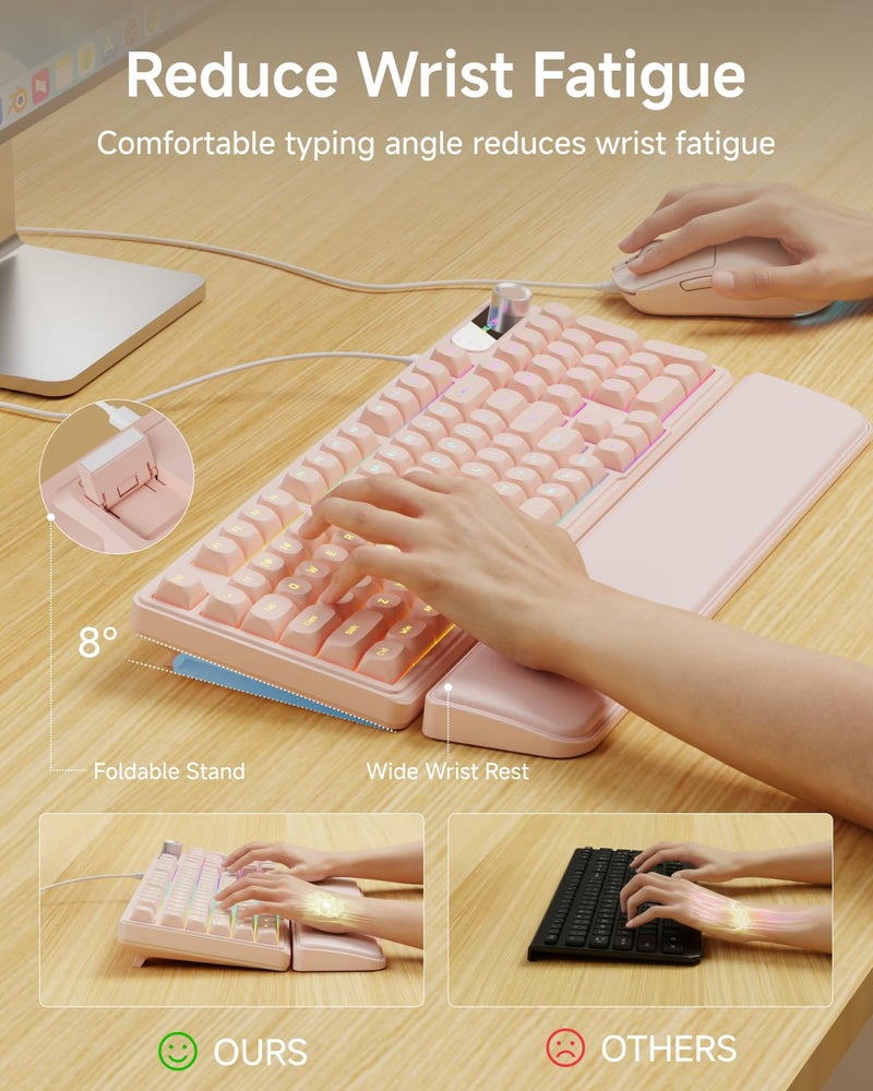 EWEADN C98 Wired Keyboard and Mouse Combo, Wired Computer Keyboards with Wrist Palm, Double-Shot Keycaps, Silent RGB Backlight Keyboard for Windows/MAC/PC (Creamy Pink) - Image 3