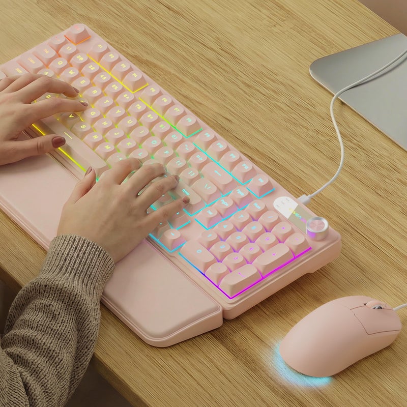 EWEADN C98 Wired Keyboard and Mouse Combo, Wired Computer Keyboards with Wrist Palm, Double-Shot Keycaps, Silent RGB Backlight Keyboard for Windows/MAC/PC (Creamy Pink) - Image 1
