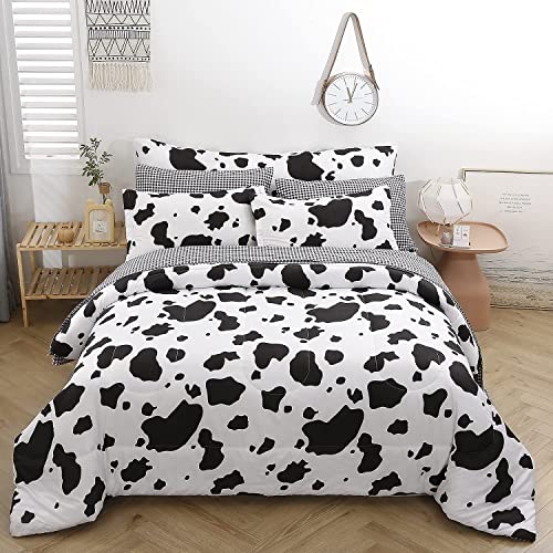 SUCSES King Size Cow Comforter Set 8 Pieces Black and White Bedding Set Cute Cowhide Bed in A Bag Soft Geometric Quilts Cow Pattern King Size