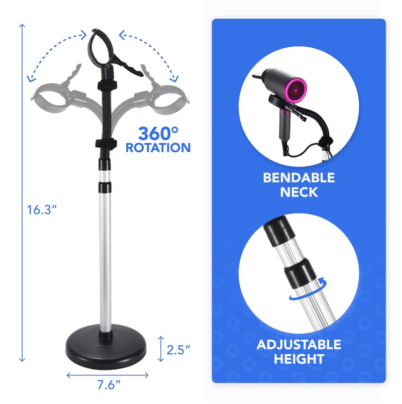Bamodi Hair Dryer Holder Black - Hands-Free Hair Drying Metal Stand with 360Â° Rotation, Adjustable Height - Countertop or Wall Mount - Stylish and Convenient Storage Solution for Bathroom - Image 3