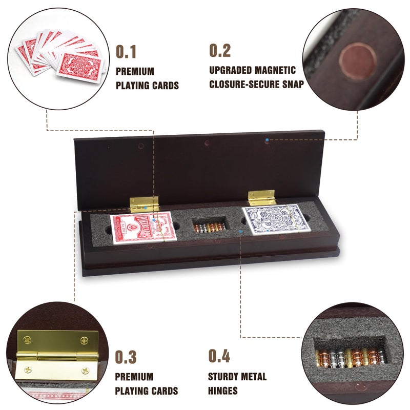 VVSBPL Wooden Cribbage Board Game Set with Metal Pegs and 2 Decks of Playing Cards, Travel Cribbage Board with Card Storage, Magnetic Lock, Classic Continuous 3 Track Cribbage Set for Family - Image 5