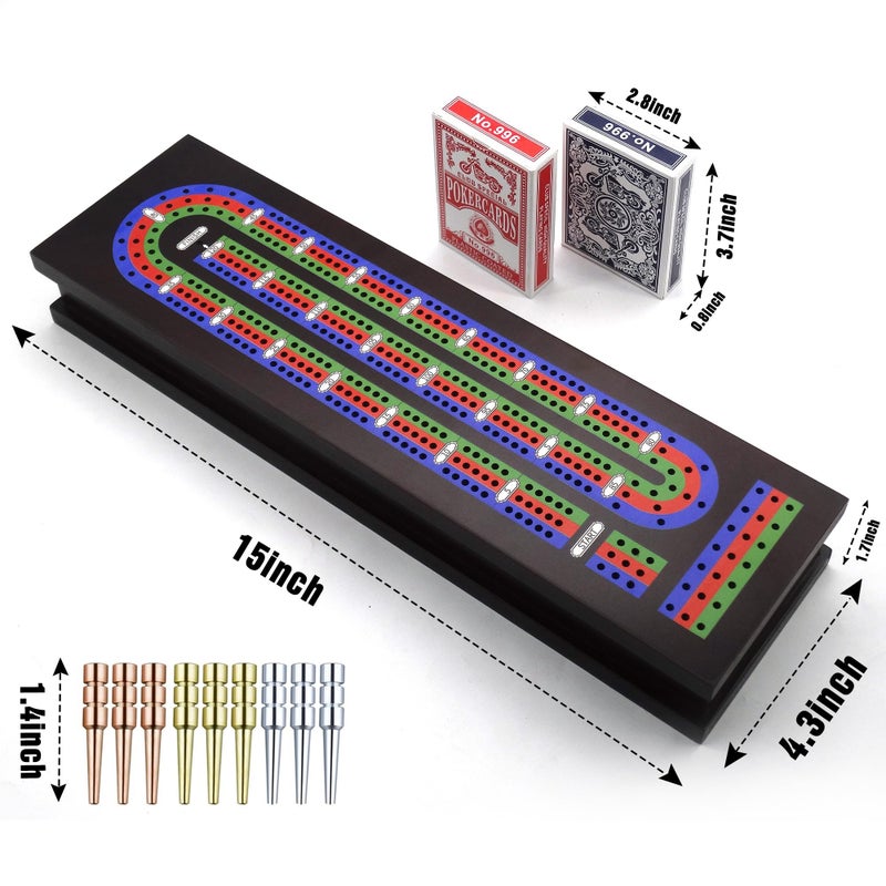 VVSBPL Wooden Cribbage Board Game Set with Metal Pegs and 2 Decks of Playing Cards, Travel Cribbage Board with Card Storage, Magnetic Lock, Classic Continuous 3 Track Cribbage Set for Family - Image 3