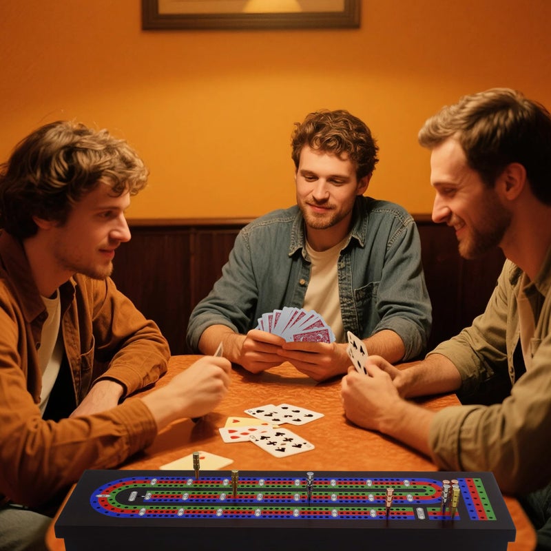 VVSBPL Wooden Cribbage Board Game Set with Metal Pegs and 2 Decks of Playing Cards, Travel Cribbage Board with Card Storage, Magnetic Lock, Classic Continuous 3 Track Cribbage Set for Family - Image 2