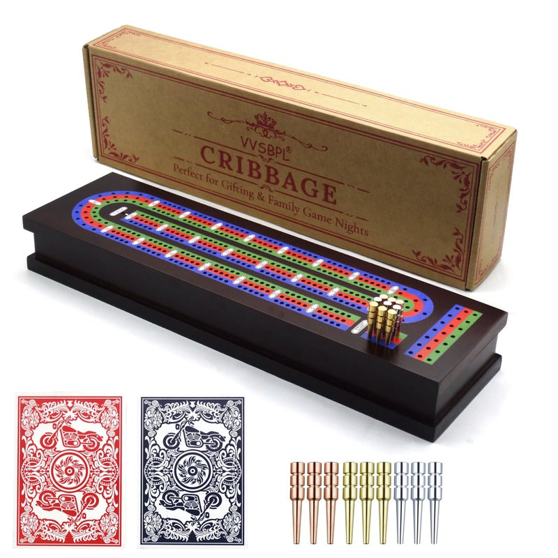 VVSBPL Wooden Cribbage Board Game Set with Metal Pegs and 2 Decks of Playing Cards, Travel Cribbage Board with Card Storage, Magnetic Lock, Classic Continuous 3 Track Cribbage Set for Family - Image 1