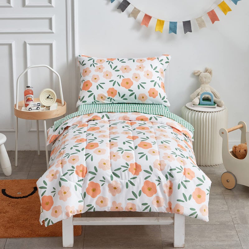Uozzi Bedding طقم سرير أبيض مكون من 4 قطع للفتيات الصغيرات بنمط زهور برتقالية لفصل الخريف والشتاء. - Image 2