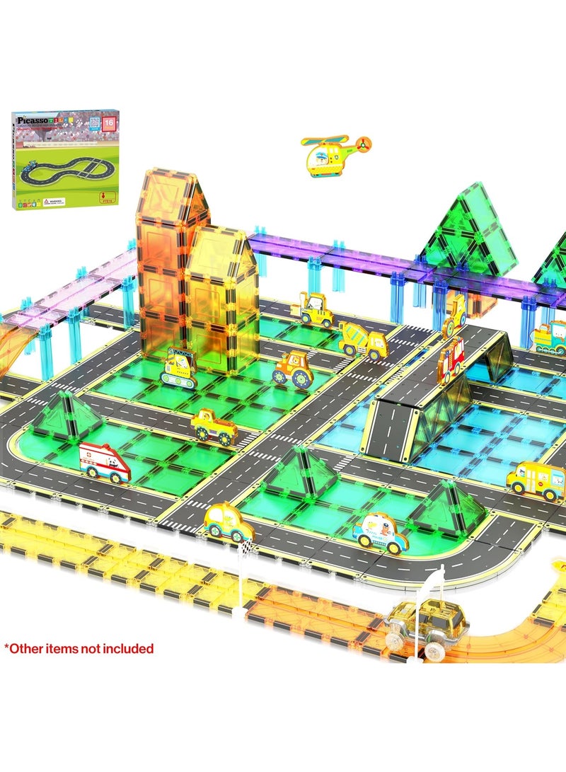 PicassoTiles مجموعة بيكاسو تايلز المغناطيسية للطريق المطبوع 16 قطعة | متوافقة مع بلاط المغناطيس | مسار سباق مغناطيسي | كتل بناء | ألعاب STEM | مجموعة ألعاب تعليمية | كتل تكديس | مجموعة بناء للتطوير العقلي للأطفال - Image 1