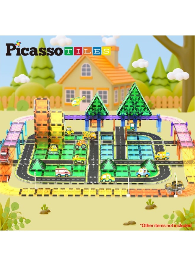 PicassoTiles مجموعة بيكاسو تايلز المغناطيسية للطريق المطبوع 16 قطعة | متوافقة مع بلاط المغناطيس | مسار سباق مغناطيسي | كتل بناء | ألعاب STEM | مجموعة ألعاب تعليمية | كتل تكديس | مجموعة بناء للتطوير العقلي للأطفال - Image 4