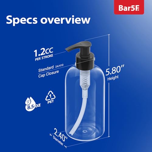 Bar5F Plastic Bottles with Pump Dispenser, 8 oz | Leak Proof, Empty, Clear Refillable, BPA Free for Body Wash, Moisturizer, Face Cream, Liquid Soap | Black & White Pumping Caps | Set of 2 - Image 5