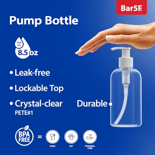 Bar5F Plastic Bottles with Pump Dispenser, 8 oz | Leak Proof, Empty, Clear Refillable, BPA Free for Body Wash, Moisturizer, Face Cream, Liquid Soap | Black & White Pumping Caps | Set of 2 - Image 2
