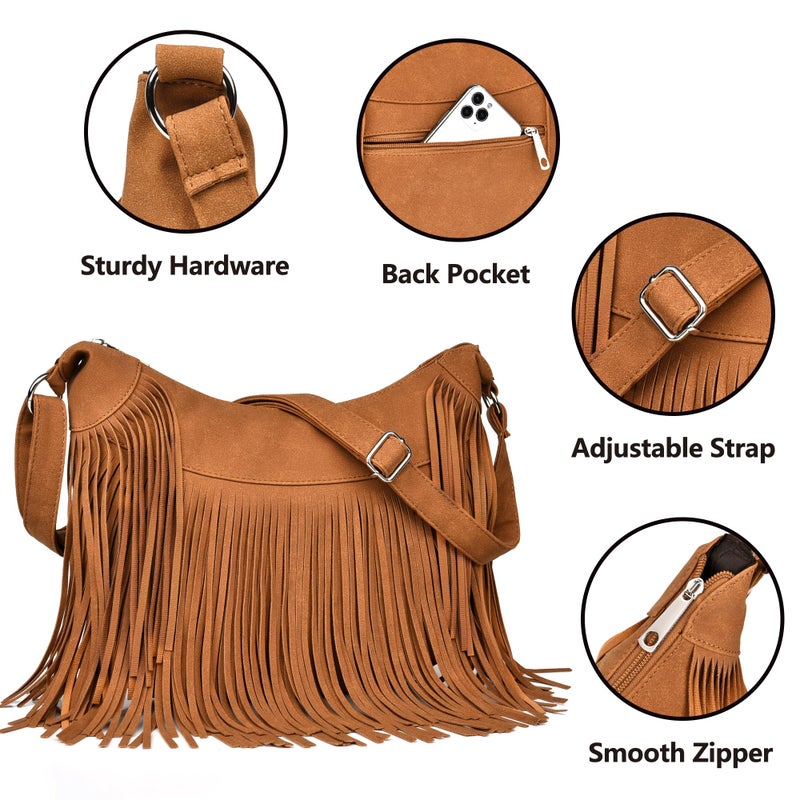 Dora & Liz Fringe Hobo Bags for Women Vintage Suede Crossbody Bag Hippie Western Cowgirl Purses Tassel Shoulder Bag - Image 5