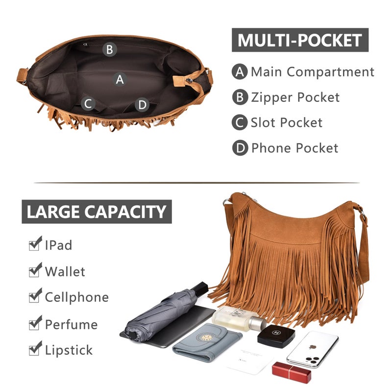 Dora & Liz Fringe Hobo Bags for Women Vintage Suede Crossbody Bag Hippie Western Cowgirl Purses Tassel Shoulder Bag - Image 4