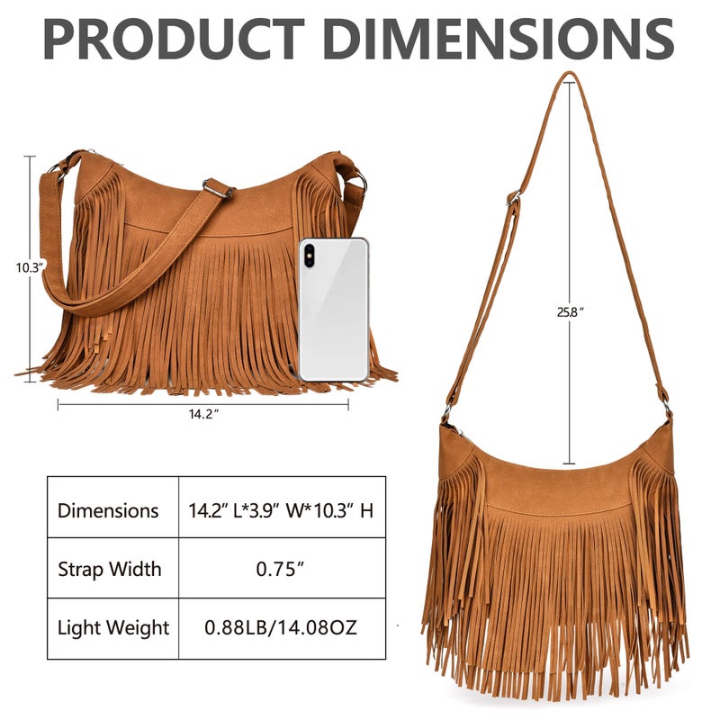 Dora & Liz Fringe Hobo Bags for Women Vintage Suede Crossbody Bag Hippie Western Cowgirl Purses Tassel Shoulder Bag - Image 3