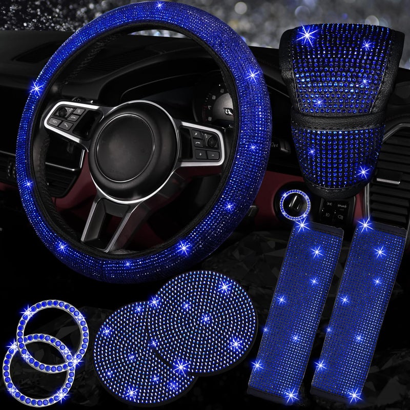 NBTEPEM 8 pcs Blue Bling Car Accessories Set for Women Steering Wheel Cover Sparkly Seat Belt Covers Bling Gear Shift Cover Universal Fit Most Cars Blue Diamond