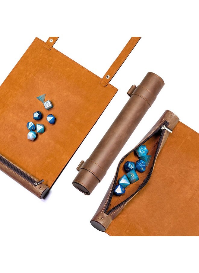 cusdie 2 In 1 Dice Rolling Mat & Zippered Dice Holder Dice Tray Compatible With Dnd Polyhedral Dice Dungeons And Dragon (Brown)  - Image 1
