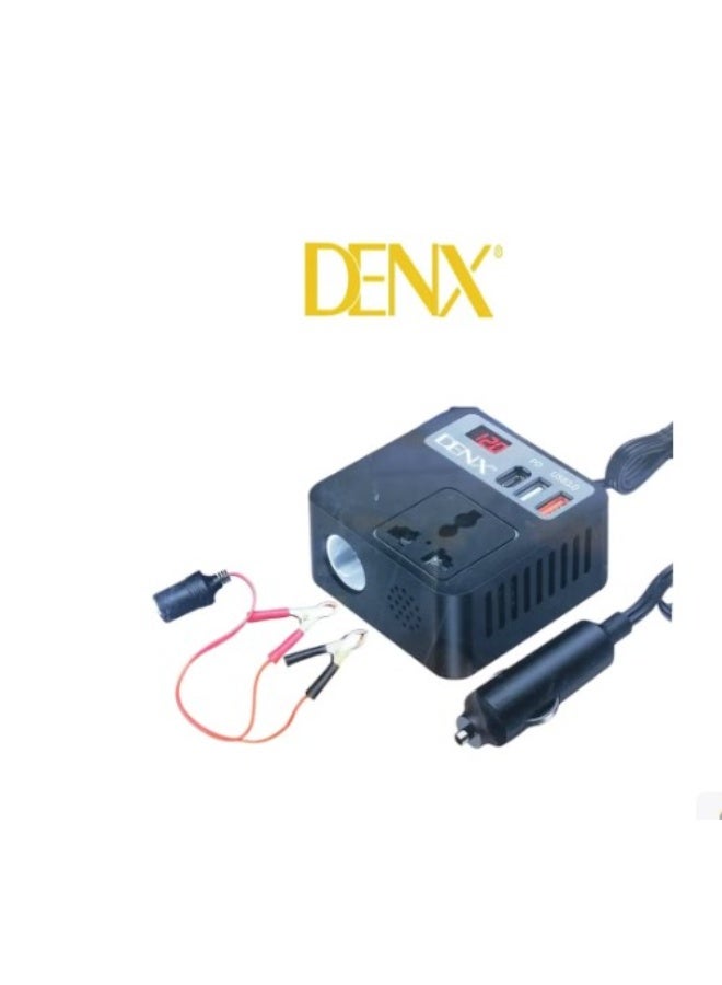 دينكس محول طاقة السيارة 100 وات مع مشبك بطارية السيارة، محول شاحن السيارة مع منفذين USB ومنفذ PD ومفتاح مدمج وشاشة عرض LED، مناسب للسيارات والشاحنات.