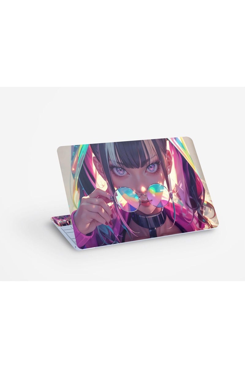 ALAYRA Anime Girl Glasses, Laptop Skin Glossy Sticker Decal,13.3 14 15 15.4 15.6 Inch Laptop Universal Vinyl Skin Sticker Cover,Dustproof, Waterproof,Decal Protector With Free 2 Wrist Pads - Image 1